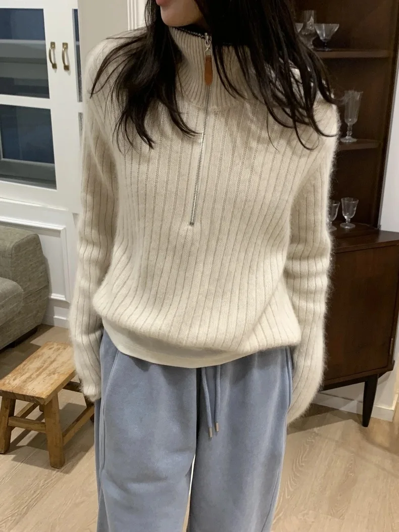 

Loose Women's Knitted Wool Sweater f Zipper Vertical Stripe Vintage Sle Winter Faion Dongdaemun Korean Version