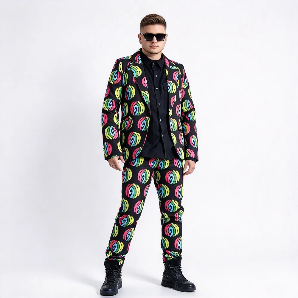 Bar Nightclub Male Singer Printed Blazer Pants Suit 2 Piece Set Personality Stage Costume Casual Concert Performance Clothes