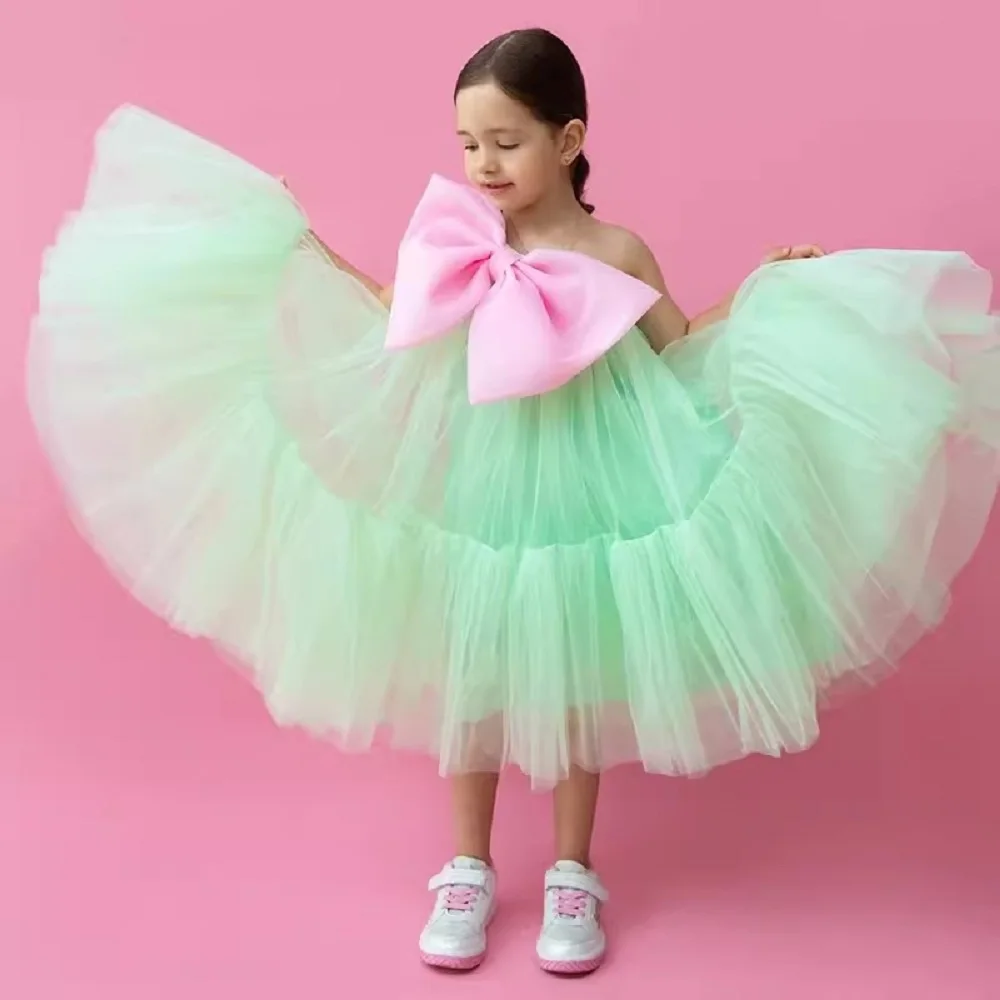 

2024 Girls Party Dresses Vestidos Sleeveless Easter Eid Tutu Bow Tulle Summer Holiday Wedding Children Kids Costume Baby Clothes