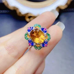 FS S925 Sterling Silver Inlay 8*10 Natural Citrine Adjustable Ring With Certificate Fine Charm Wedding Jewelry for Women MeiBaPJ