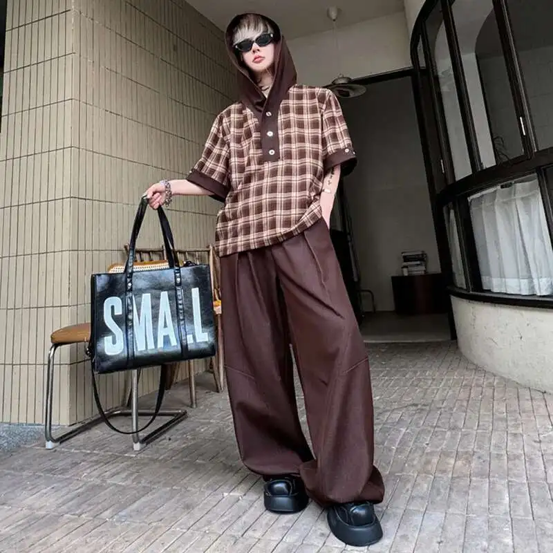 

Men Plaid Design Hooded Short Sleeved Pullover Sweatshirt Suits Pleated Button Contrast Color Wide Leg Male Trousers V5E4