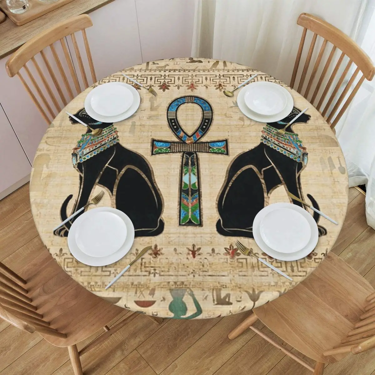 Egyptian Cats And Ankh Cross Waterproof Round Tablecloth Oilproof Table Cloth for Kitchen Events Dining Table Cover