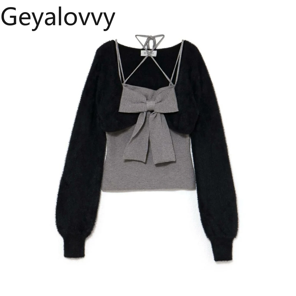 

2026 New Style Sweet Girls Tie-Up Crop Top Large 3D Bow Decoration Sling and Knitted Long Sleeve Cardigan Two-Piece Set