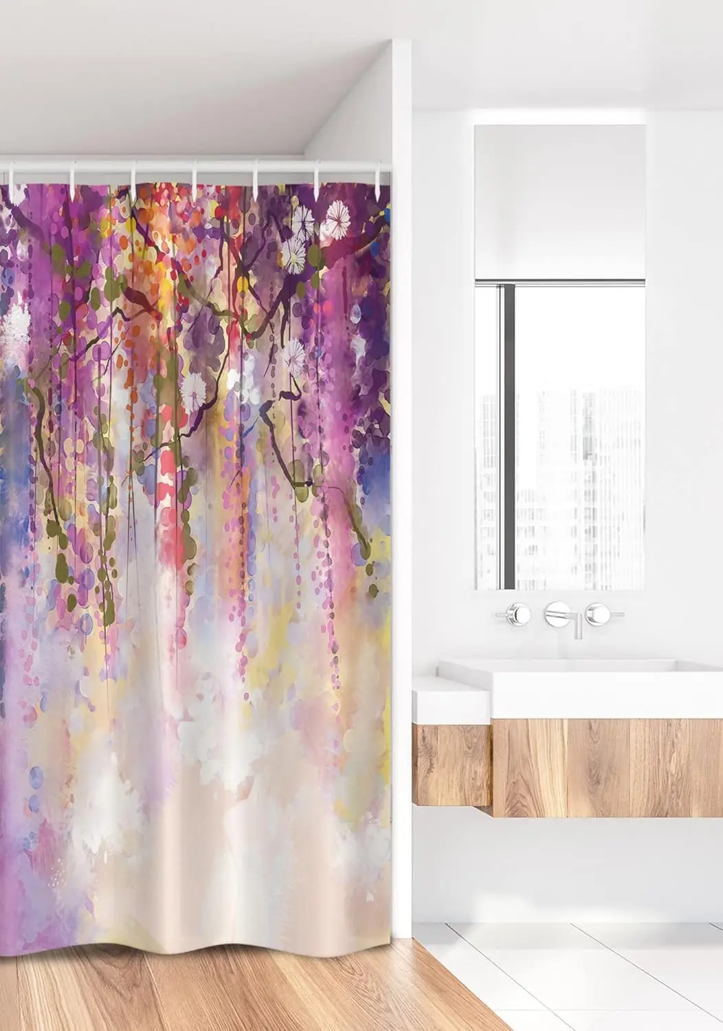日本の藤の花柄シャワーカーテン（フック付き）-–-水彩画の花柄ガーデン、雨の空の背景、桃紫のバスルーム装飾