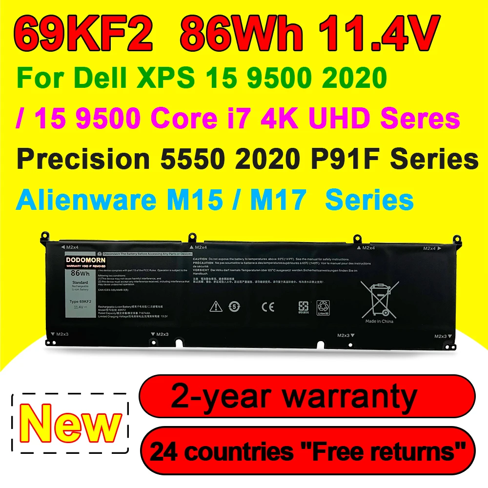 

69KF2 86WH Battery for DELL XPS 15 9500 9510 9520 9530 Precision 5550 5560 G15 5511 5520 5515 5521 G7 15 7500 P91F P87F