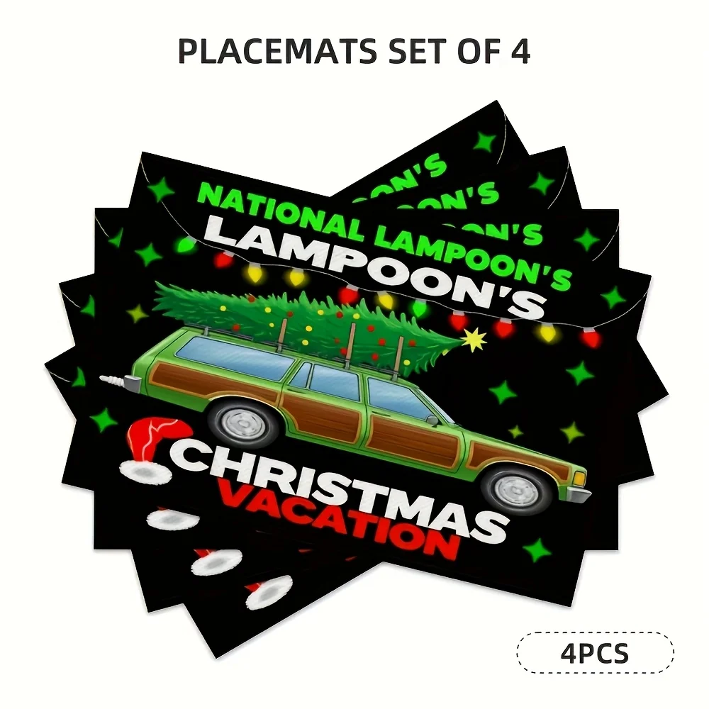 4pcs Christmas Placemats - Vintage RV and Christmas Tree Design National Bulb Christmas Holiday Table Decor for Dinning Party
