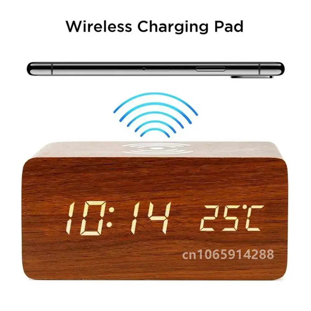 Alarm Clock LED Digital Wooden USB/AAA Powered Table Watch with Temperature Humidity Wireless Charging Electronic Desk Clocks