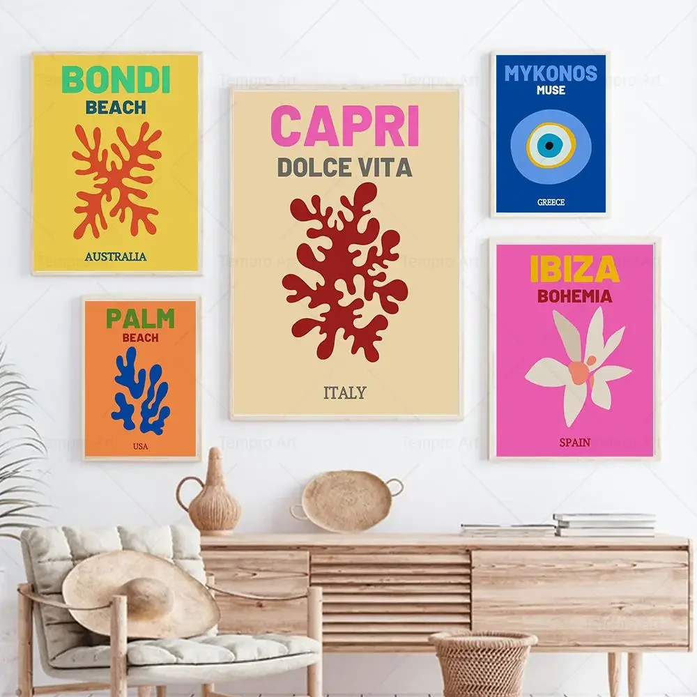 Preppy Colorful Travel Prints Miami Bondi Palm Ibiza Mykonos Capri Poster Wall Art Canvas Painting Pictures Nordic Home Decor