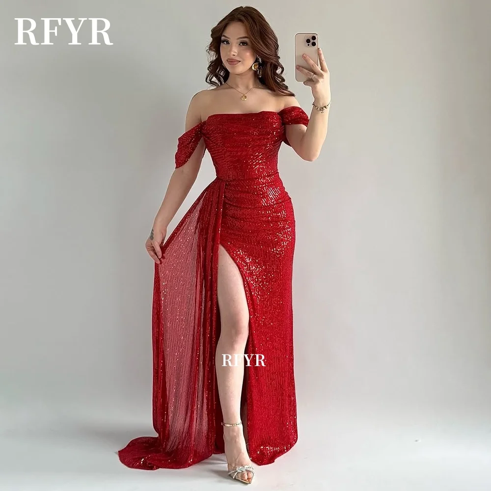

RFYR Shiny Prom Dress Off Shoulder Party Dress Sequins Evening Dress High Slit Formal Occasion Dress for Arabic Women Customized