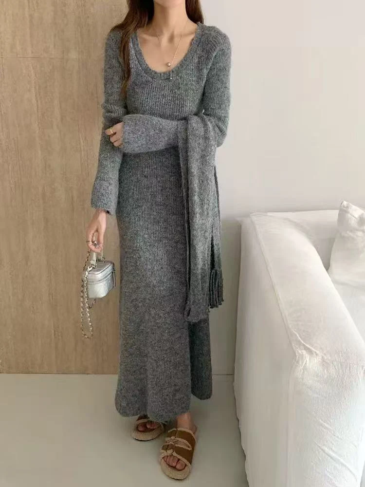 Robe mi-longue tricotée Vintage Y2K, Slim avec écharpe, manches longues, Streetwear coréen, Chic, assortie avec tout, automne
