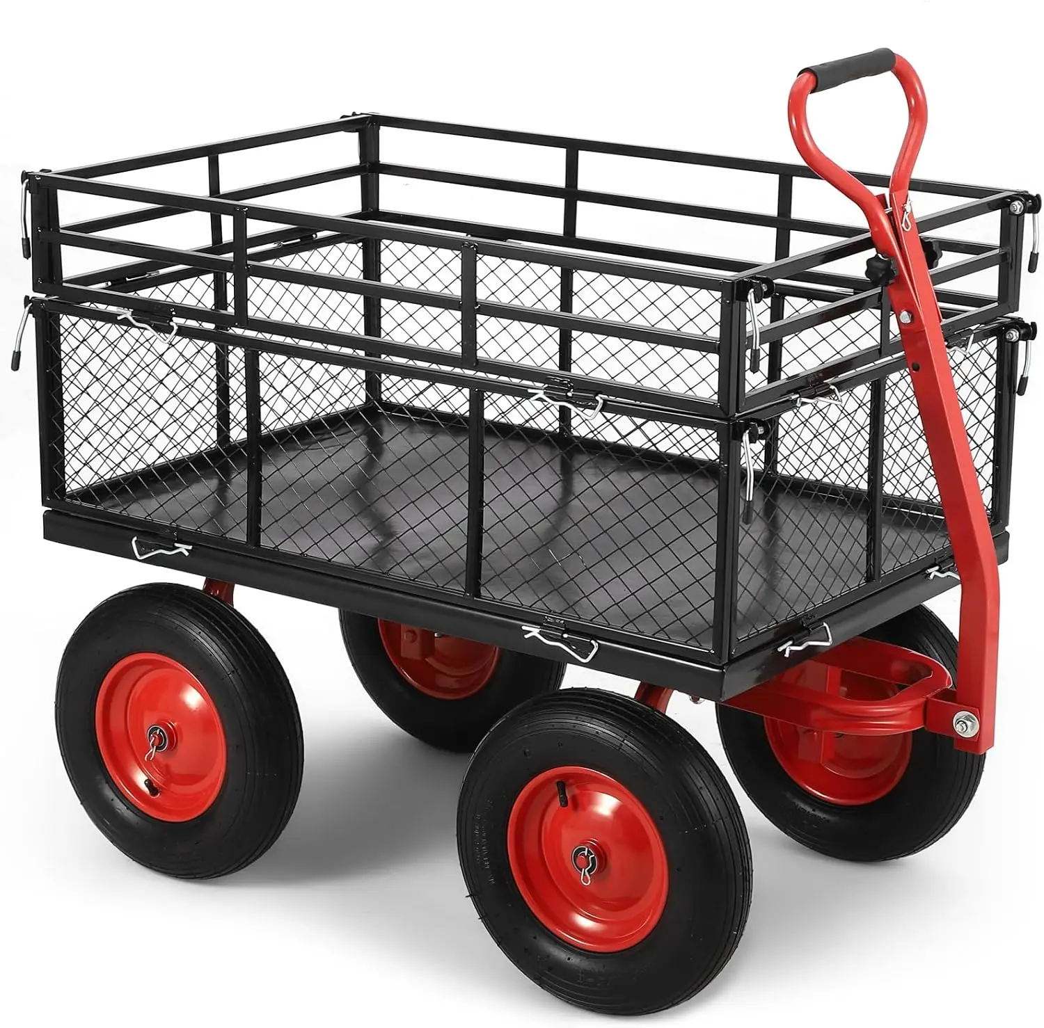 

1400 lbs Steel Garden Cart Heavy Duty Metal Yard Utility Wagon with Removable Mesh Sides 2 in 1 180° Rotating Handle and 16 inch