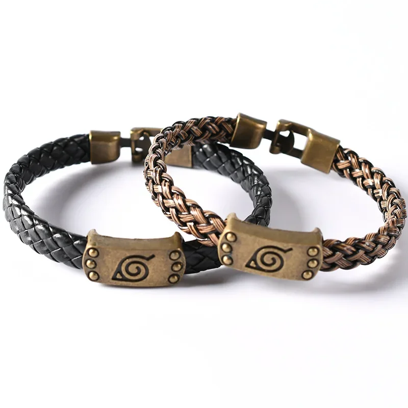 Japanese Anime Bracelet Naruto Peripheral Original Wooden Leaf Bracelet Retro Handmade Trend Woven Casual Leather Bracelet