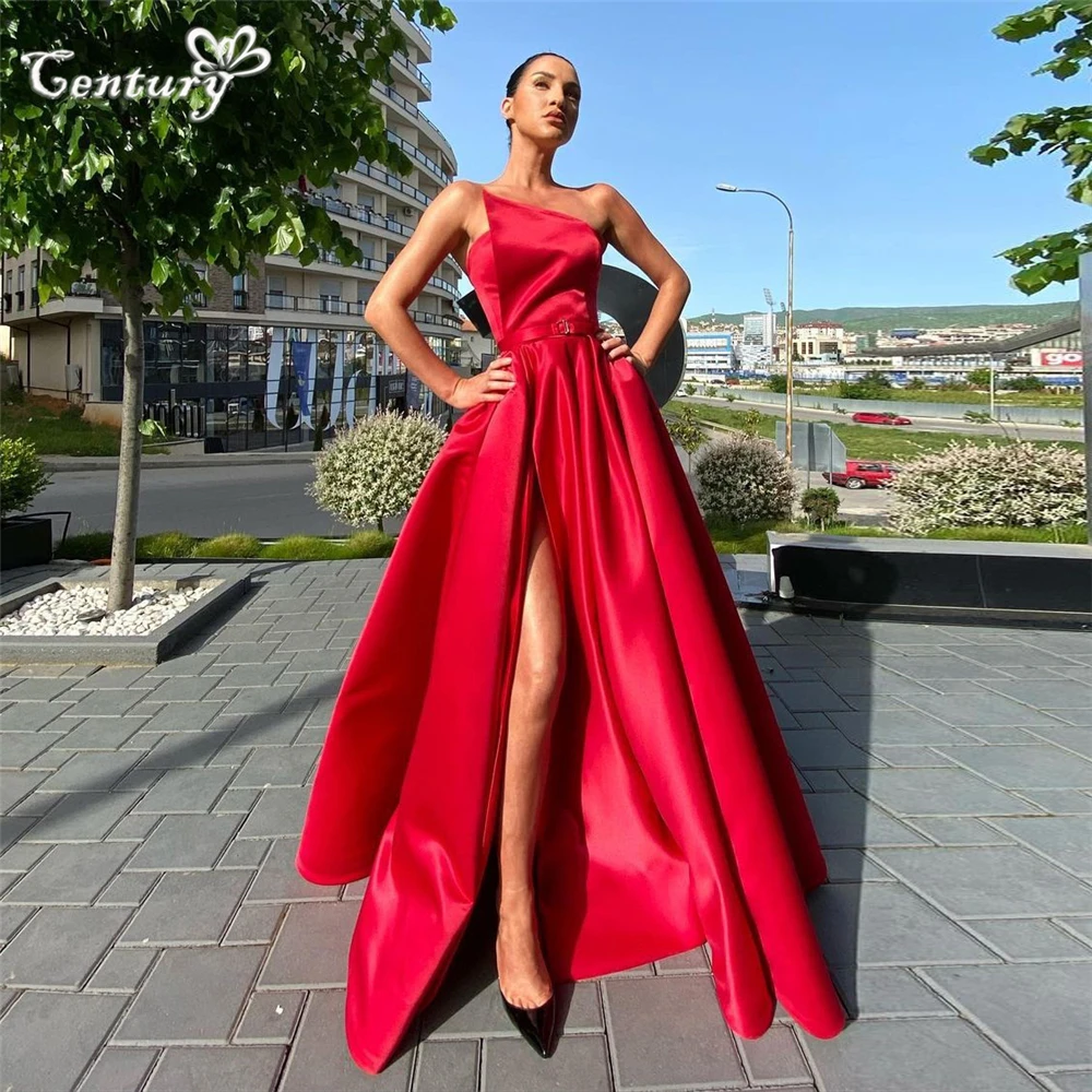 

Simple Red Prom Dress Long Strapless Side Slit Simple Satin Evening Party Gowns Formal Dresses Robe De Soiree