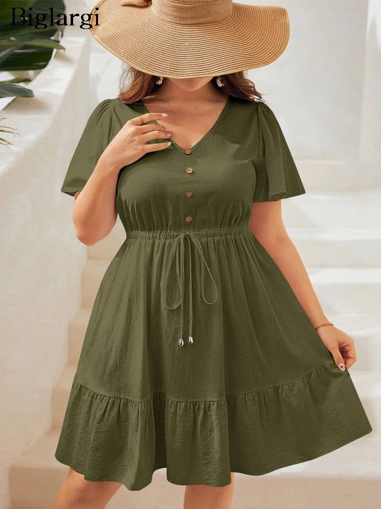 Plus Size Summer Short Sleeve V-Neck Mini Dress Women A-Line Ruffle Pleated Fashion Ladies Dresses Loose Casual Woman Dress