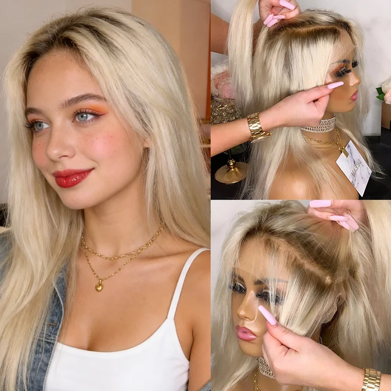Lace Wig Female Platinum Blonde with Ash Brown Roots Natural Wig Synthetic Fibre Mixed 5% Human Hair Wig Straight Full Wig 24''