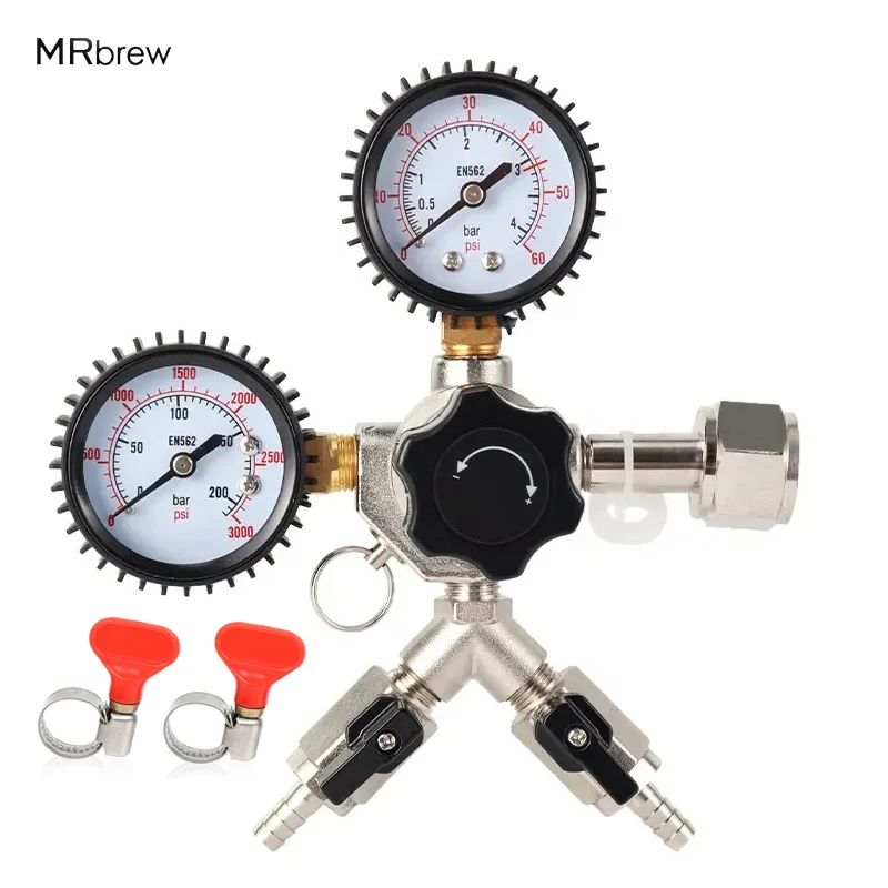 Dual Gauge Co2 Regulator,W21.8 Co2 Regulator With Check Valve,Y Splier Co2 Charger For Beer Brewing 0~3000psi, 0~60psi