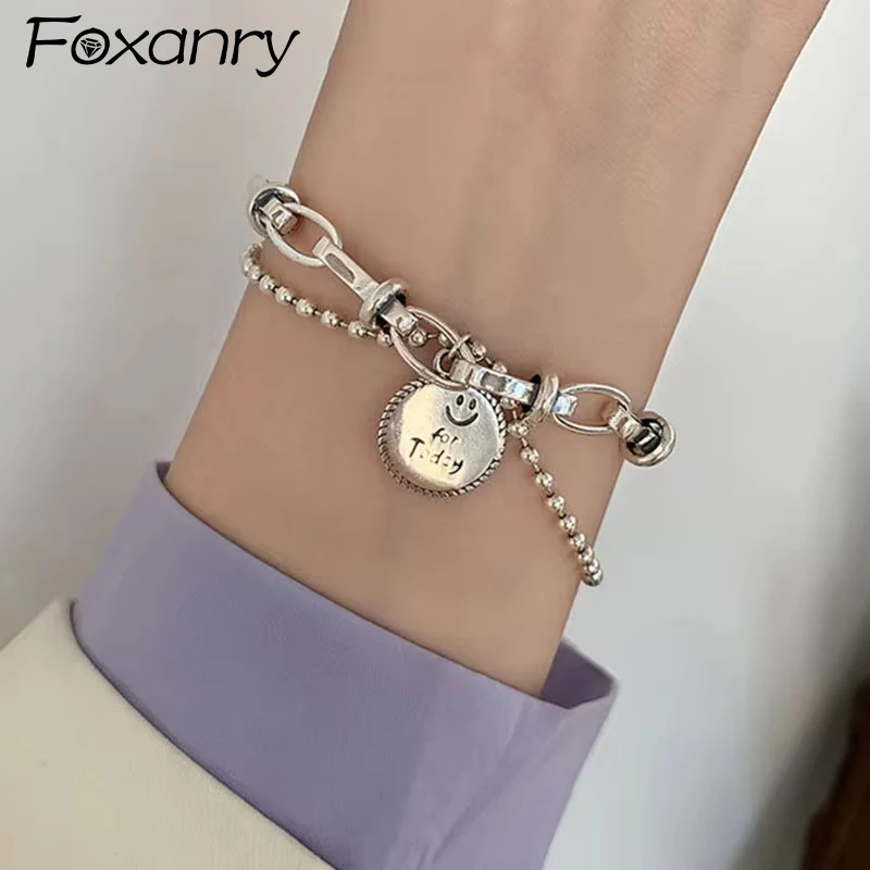 Foxanry Silver Color Bracelet for Women Trend Vintage Hip Hop Creative Double Chain Smile Round Jewelry Gifts Wholesale
