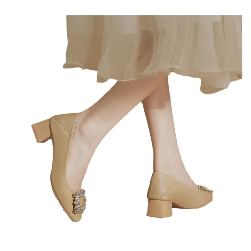 フランスのソフトレザー春夏イブニングスタイルハイヒール、女性の太いヒール、プロのシングルシューズ、ブライドメイドシューズ