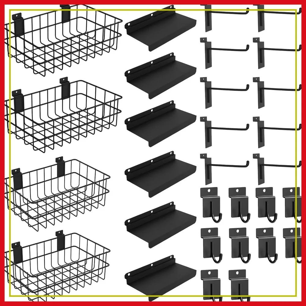 

30 Pcs Slatwall Accessories Kit with Baskets, Shelves, Hooks Heavy Duty for Garage, Shop Display