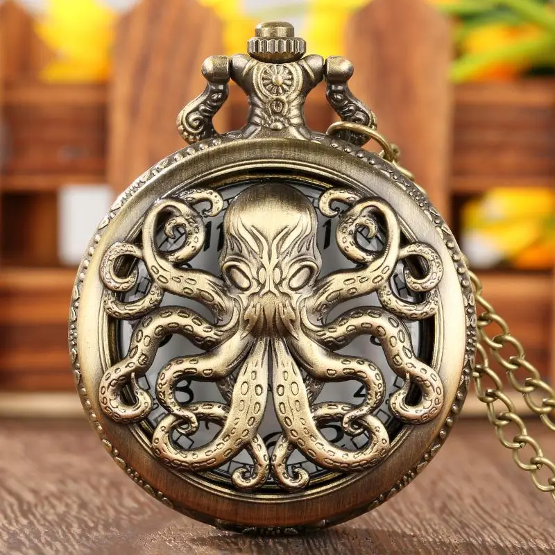 Bronze Style Hollow-Out Octopus Design Men's Pocket Watch Quartz Movement Clock with Necklace Chain Half Hunter Timepiece