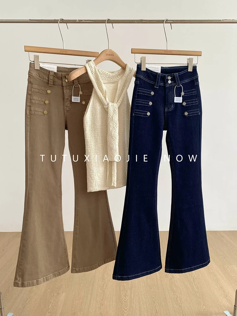 High Waist Flare Denim Pants for Women Retro Washed Multi Button Decor Slim Jeans 2026 Autumn New Casual Long Trousers