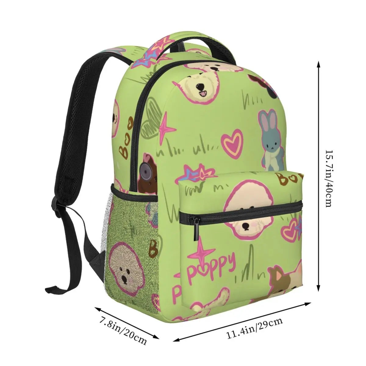Manga Aesthetic Backpack Tossed Cartoon Stickers Whimsical Illustration Light Green Multi Color Casual Daypack for School Daily