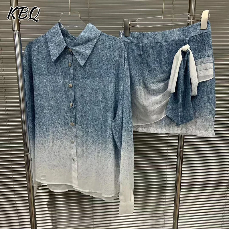

KBQ Tie Dye Утягивающие комплекты из двух предметов для женщин с лацканами и длинными рукавами, топ на пуговицах, мини-юбка с высокой талией, элегантный комплект, женский новый