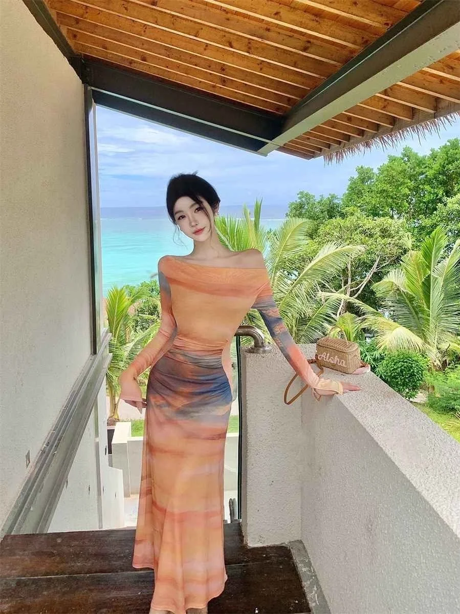 Unique Beautiful Tie Dye Mesh Long Sleeve Print Halter Dress Women's Autumn High Waist Slimming Long Dress Commute Style