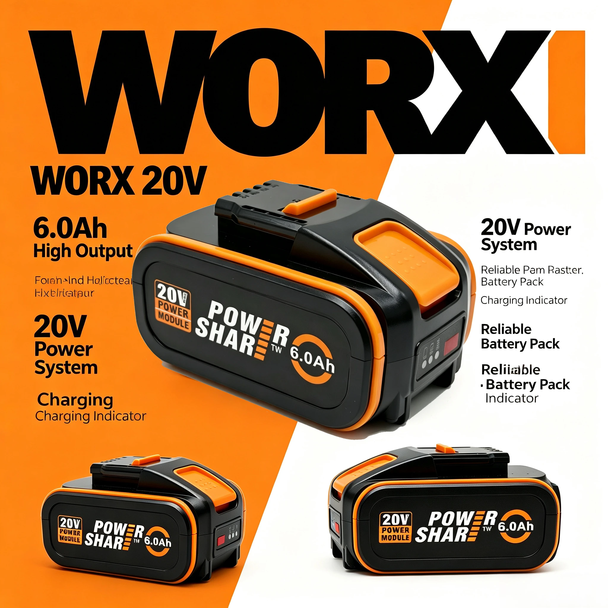 100% NEW WORX 20V 6.0Ah 4Pin Lithium Battery WA3553 Rechargeable Battery Pack for WORX WX550 WG549 Garden Trimmer Cutting Tools