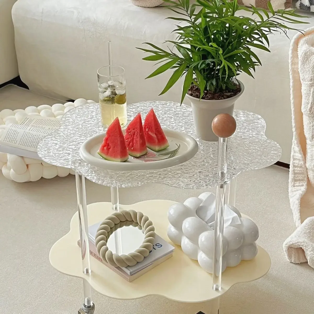 

Hot Clouds, Coffee Table, Acrylic, Living Room, Sofa, Side Table, Double Layer, Storage, Simple, Movable, Trolley, Shelf