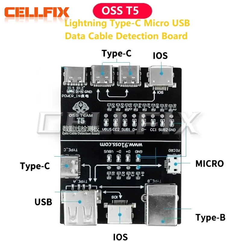 OSS T5 data cable detection board quickly detects data cable anomalies Used to detect Type-C MicroUSB TypeB datacable interfaces