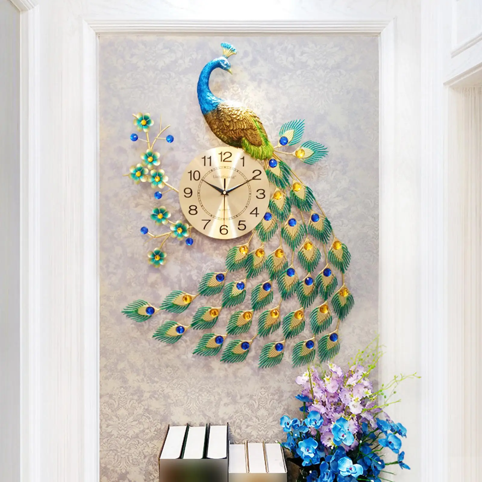 Modern Wall Clock Silent Non Ticking Battery Operated 3D Peacock Shaped