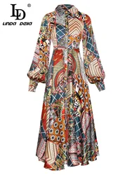 LD LINDA DELLA 2023 New Designer Spring Dress Womenr Turn-down Collar Single Breasted Lantern Long Sleeve Vintage Print Dress