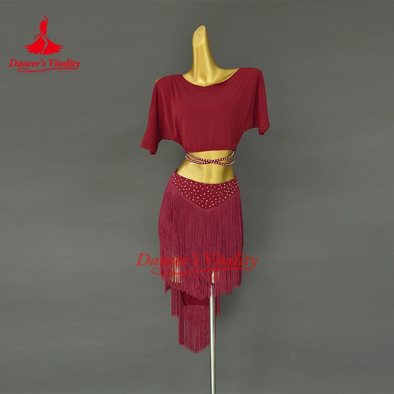 Traje de performance de dança do ventre feminino manga curta + saia curta com borla 2 peças roupa de prática de dança oriental