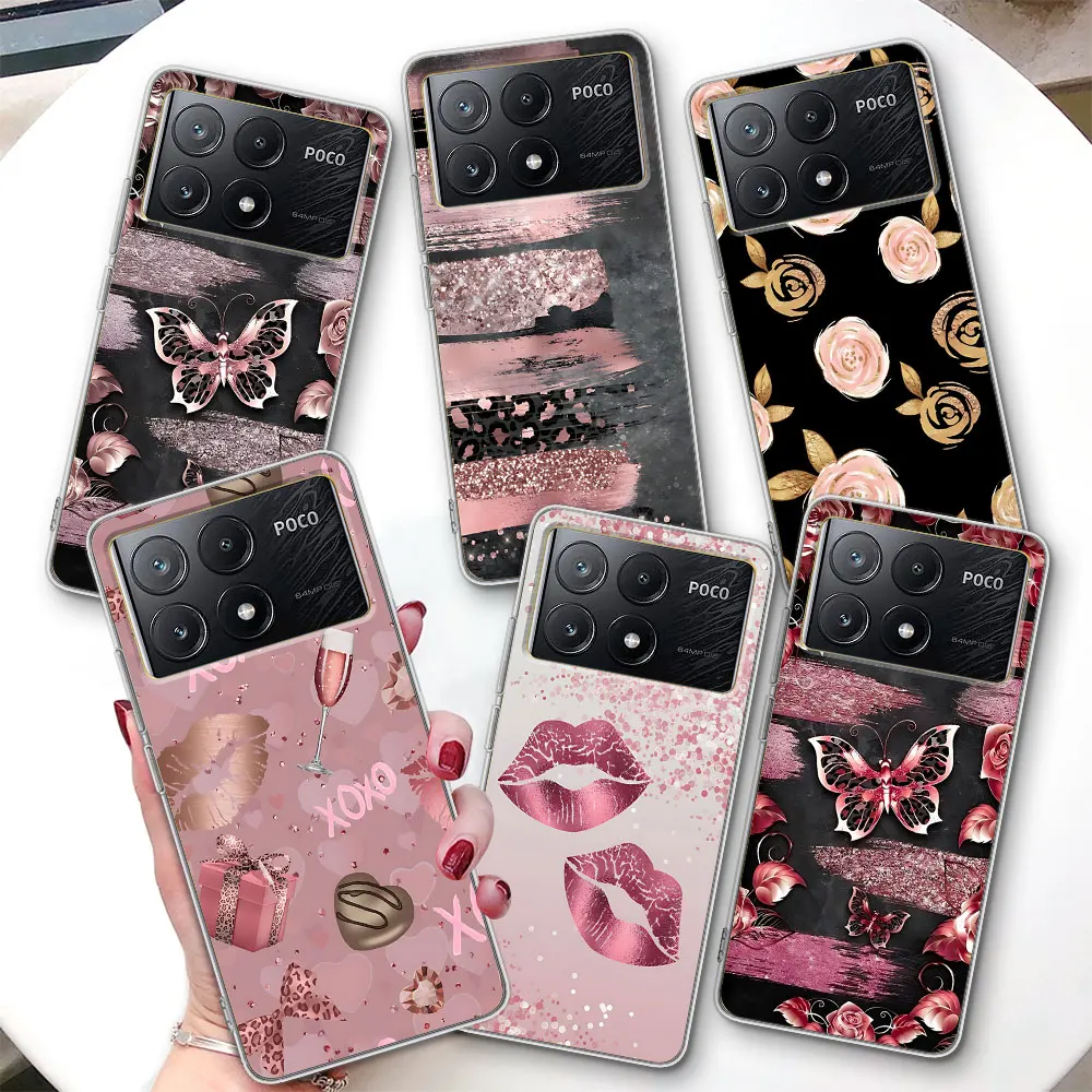 

Прозрачный противоударный чехол из ТПУ с розовым рисунком для Xiaomi Poco F7 Ultra F4 X6 M3 X7 M5s M6 X4 NFC M4 F2 Pro