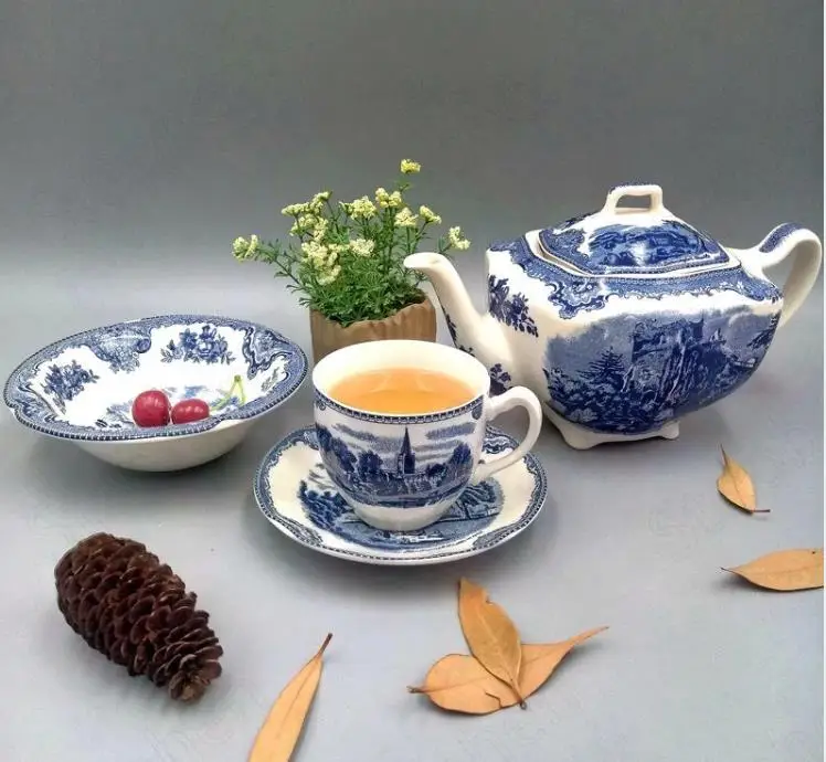 

Palace Blue Castle Glaze In Color Ceramic Plate American Classic Painted Coffee Cup with Tray Afternoon Tea Cake Dessert Plates