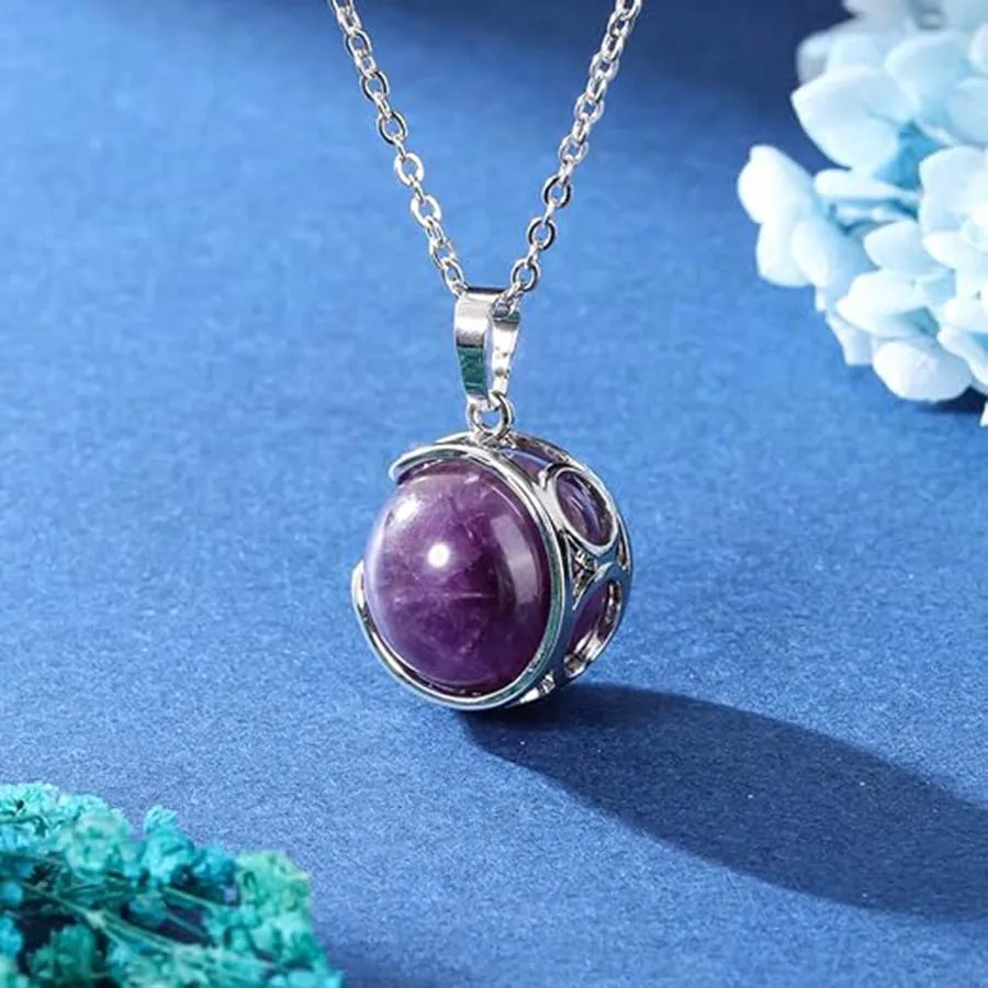 Charms Natural Healing Crystal Round Ball Rotating Stone Pendant Necklace For Women Amethyst Rose Quartz Choice Men Jewelry Gift