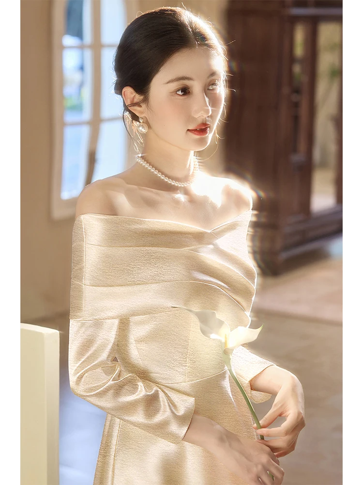

Элегантное свадебное платье с открытыми плечами и длинными рукавами, золотисто-желтое, в корейском стиле, для помолвок и свадебных торжеств