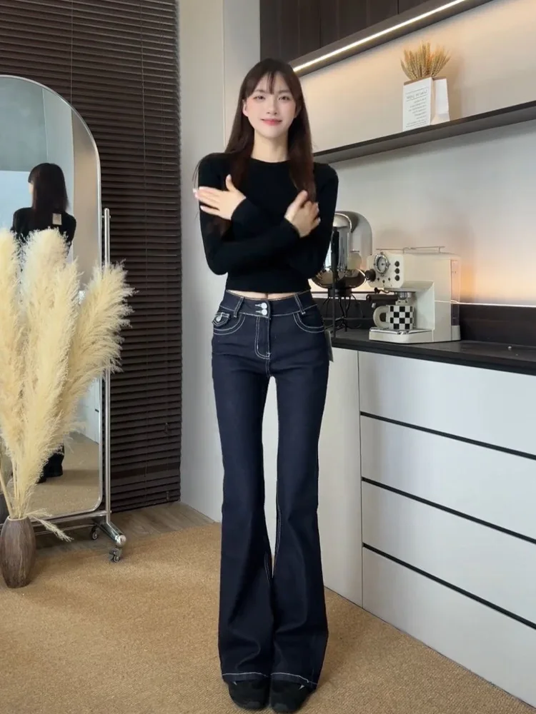 

American Sle Spicy Girl Low Waist Bell Bot Jeans Women's Double Bule Elastic Slimming Floor Length Pants