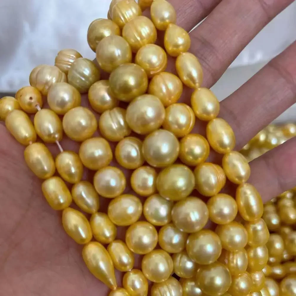 8-11mm 14inch Yellow Natural Freshwater Pearls Round Rice Olivary Vertical Perforated Bead