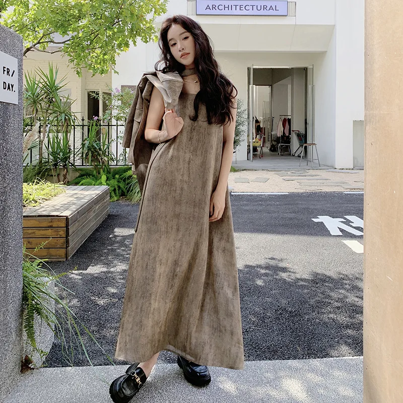 Tie dye Suit Dress Two-piece Set For Women Spring Korean Fashion Elegant Commuting V-neck Blazer Spaghetti Strap Dresses Sets