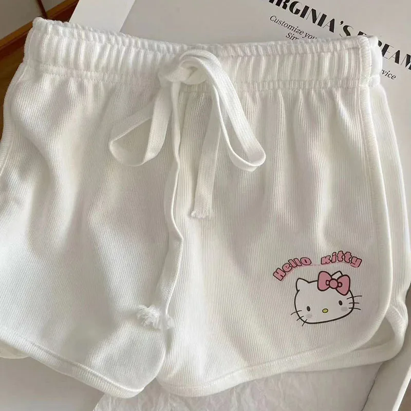 Kawaii Sanrio Hello Kitty Printed Short Sleeve Suit Women 2024 Summer New Slim and Skinny Hundred Drawstring Shorts Girl Gift