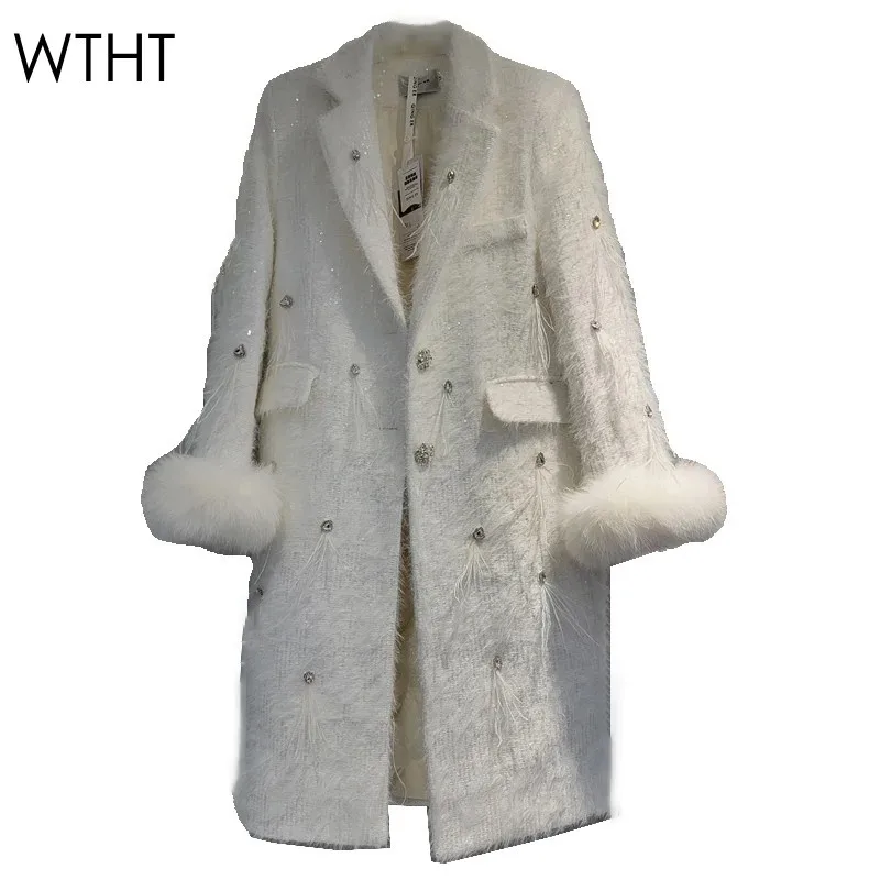 WTHT 2024 Winter Trendy Women's Spliced Diamonds Feather Quilted Long Coat Lapel Solid Color Warm Jacket Female 1LS581