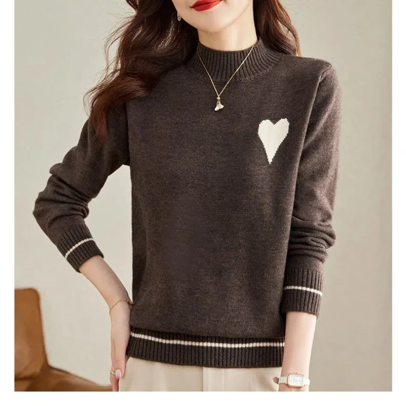 Pull au crochet géométrique pour femme, col mi-haut, manches longues, vêtements pour femmes, pull de bureau, coréen, automne, hiver