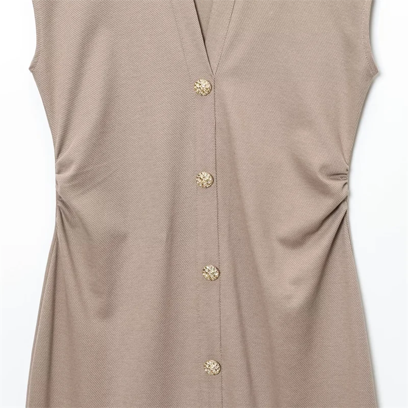 2025 new summer women's fashion slim-fit versatile shirt-style short-sleeved v-neck dress with gold button decoration
