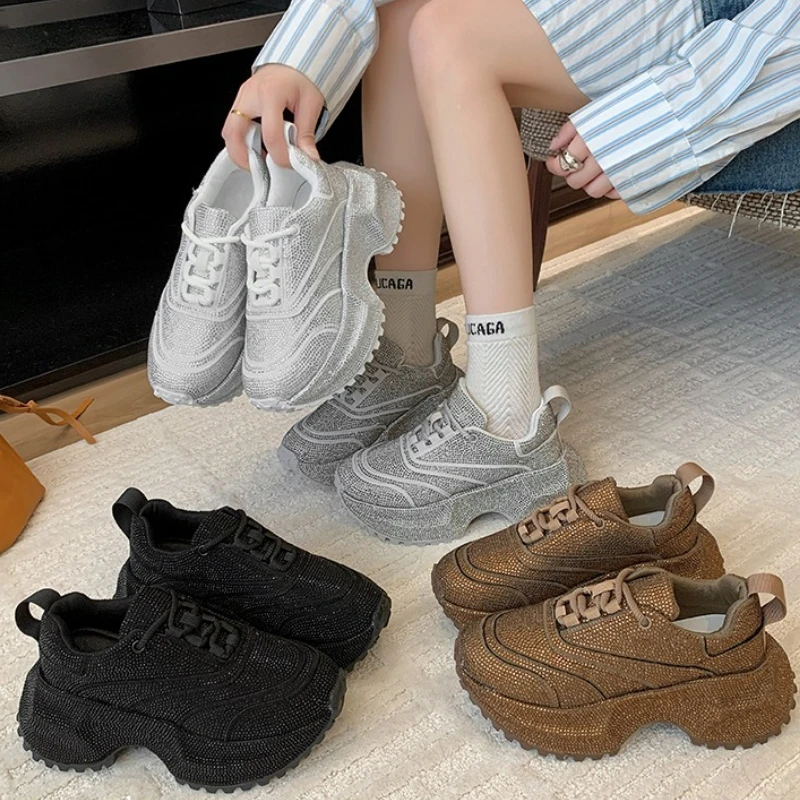 أحذية رياضية نسائية جديدة على الموضة برباط علوي من حجر الراين للربيع والخريف أحذية فردية بنعل سميك أحذية كاجوال مرتفعة #6
