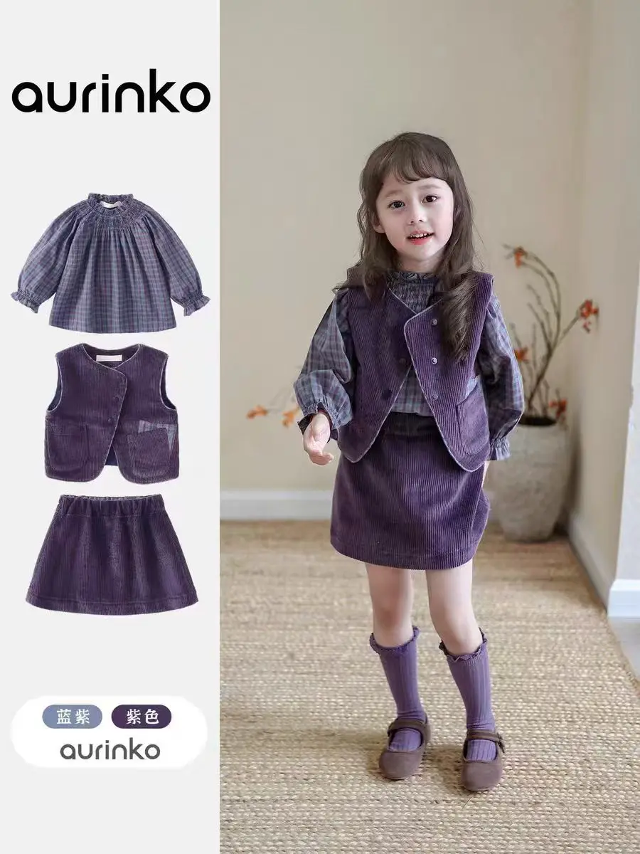 

Spring Autumn Fashion Girls Casual Kids Princess Purple Corduroy Vest Waistcoat+Stripe Shirt+Skirts Children Casual 3Pcs Suits S