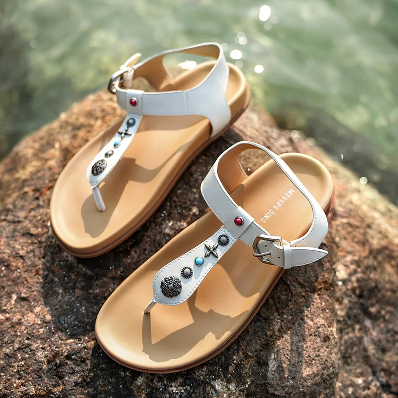 BEAUTODAY Punk Sandals Women Cow Leather Flip Flop T-Strap Rivet Metal Decoration Buckle Band Ladies Flat Shoes Handmade 34631