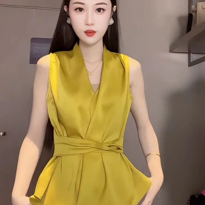 Temperament V Neck Solid Simplicity Bandage Blouse Summer Thin Sleeveless Elegant Loose Shirt Tops Office Fashion Women Clothing