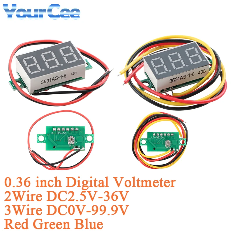 2pcs 0.36 Inch DC LED Display Digital Voltmeter Voltage Meter Auto Car Power 2Wire DC2.5-36V 3Wire DC0V-99V with Calibration